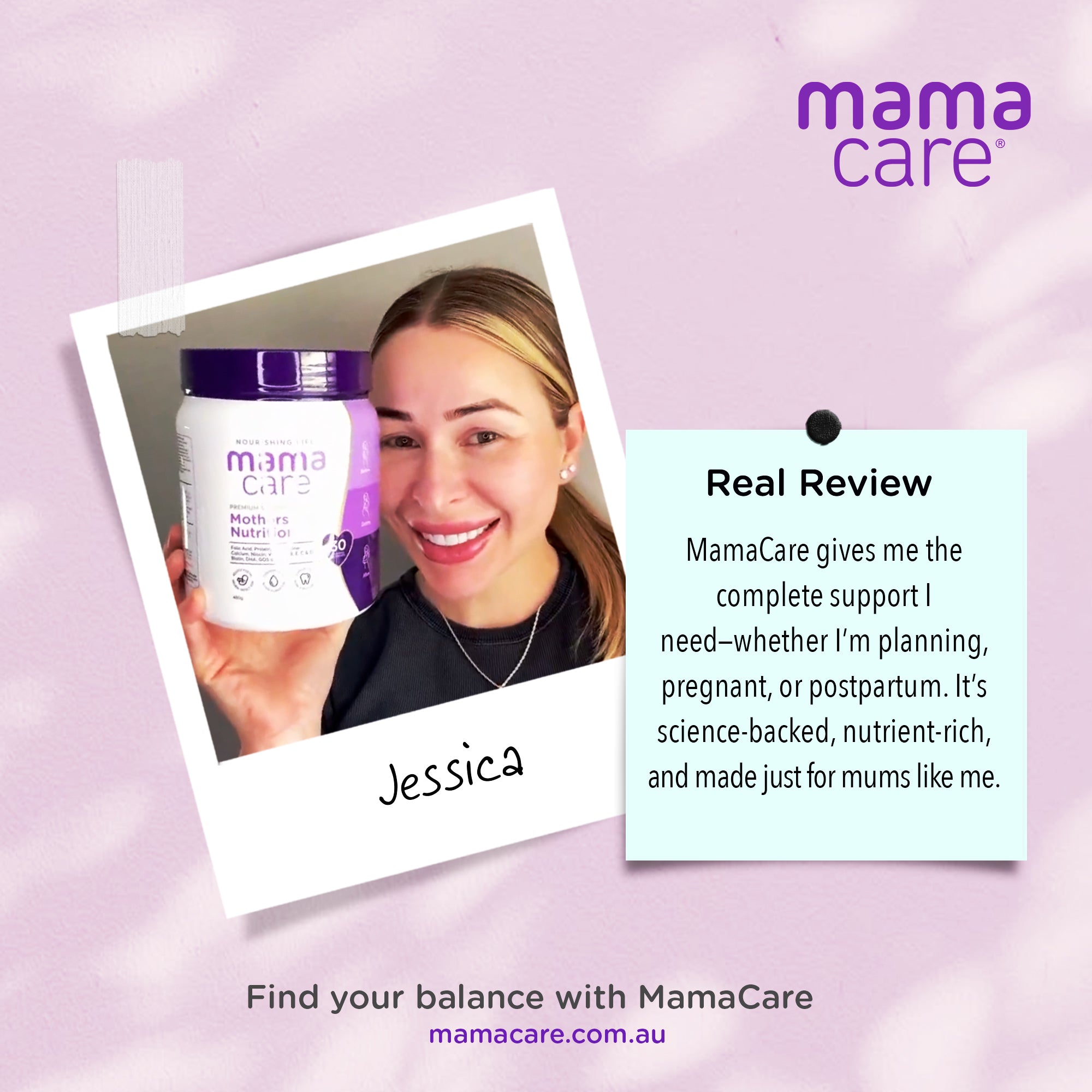 Mamacare maternal nutrition powder — 40g bottle with calcium, iron, DHA, and prebiotic fibers