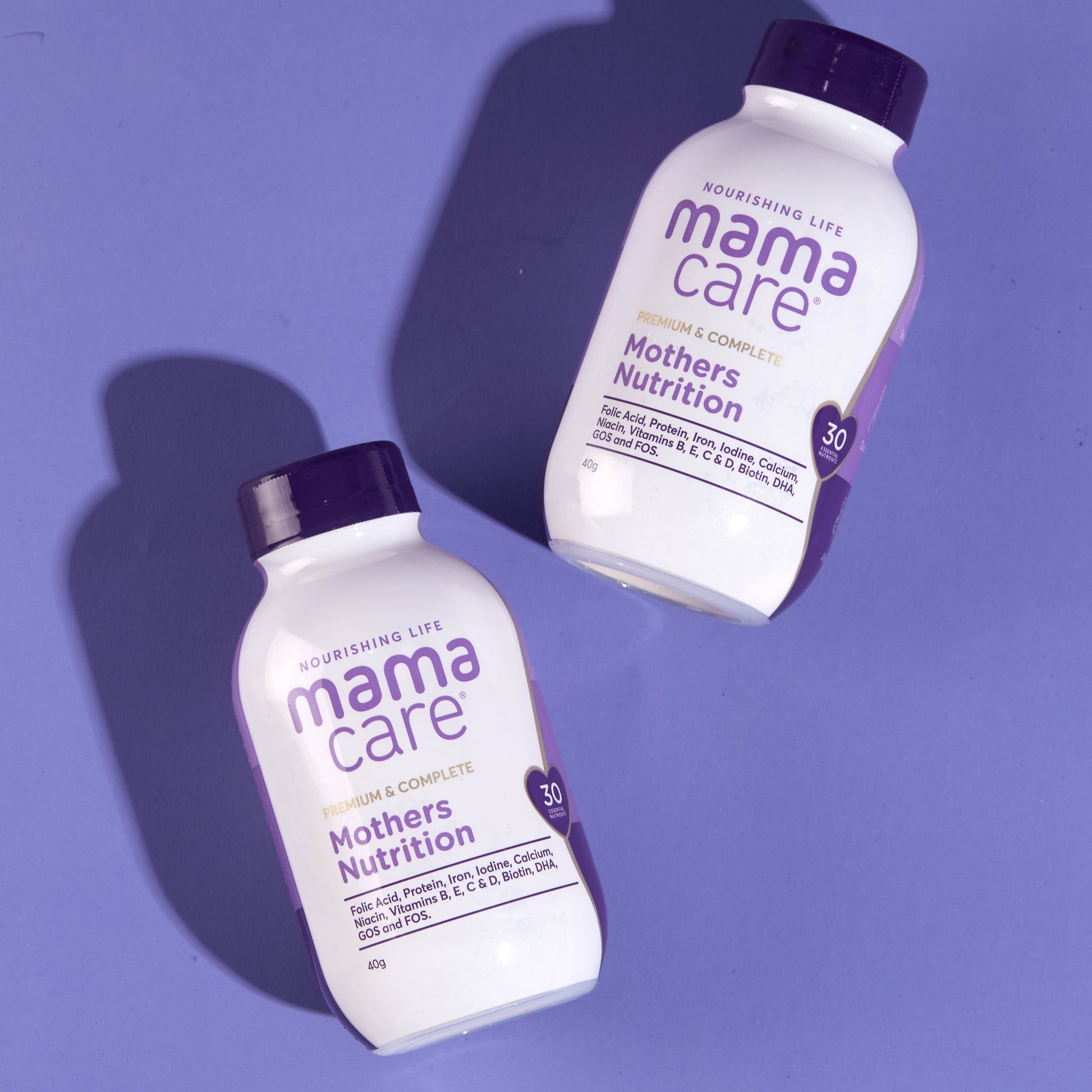 Mamacare maternal nutrition powder — 40g bottle with calcium, iron, DHA, and prebiotic fibers