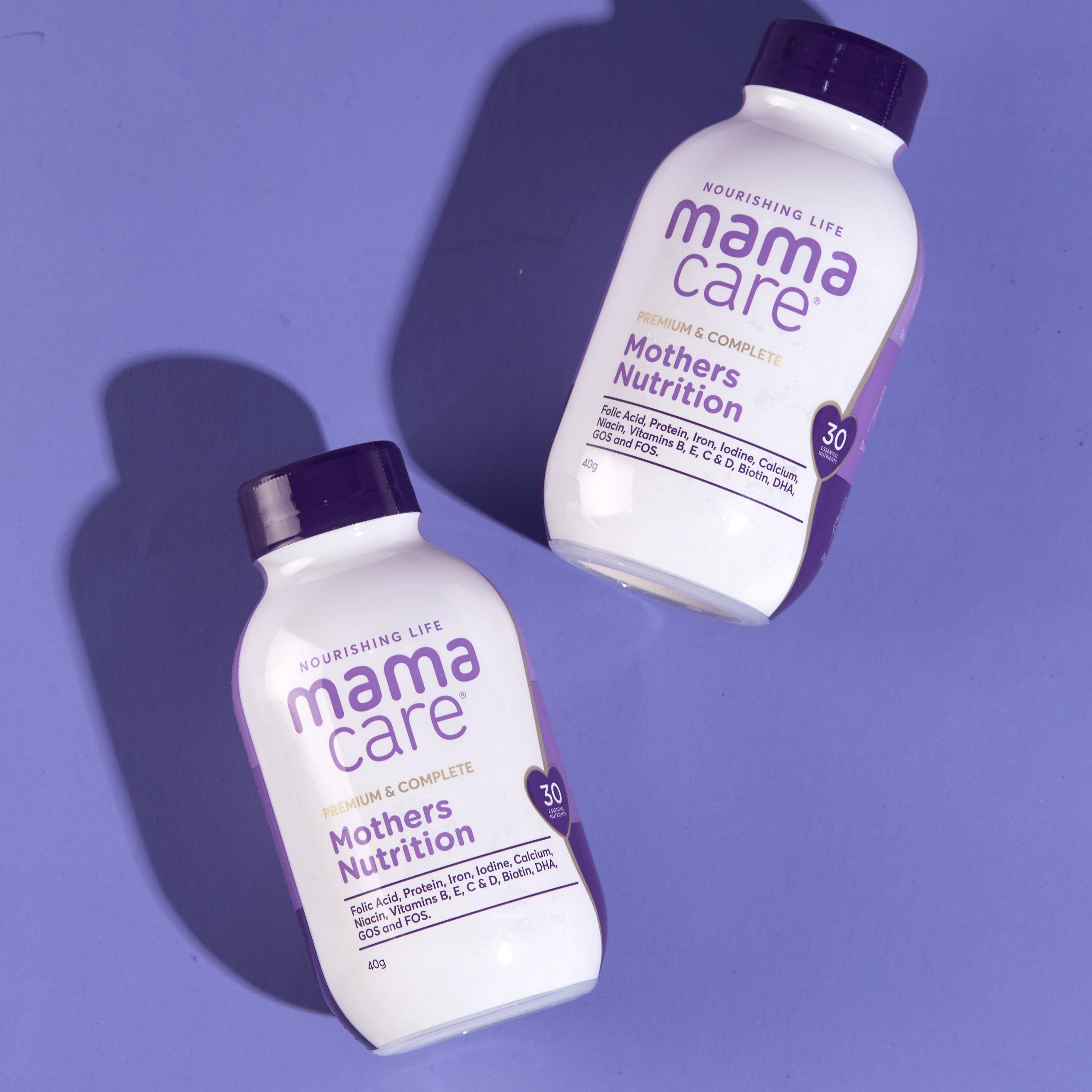 Mamacare maternal nutrition powder — 40g bottle with calcium, iron, DHA, and prebiotic fibers