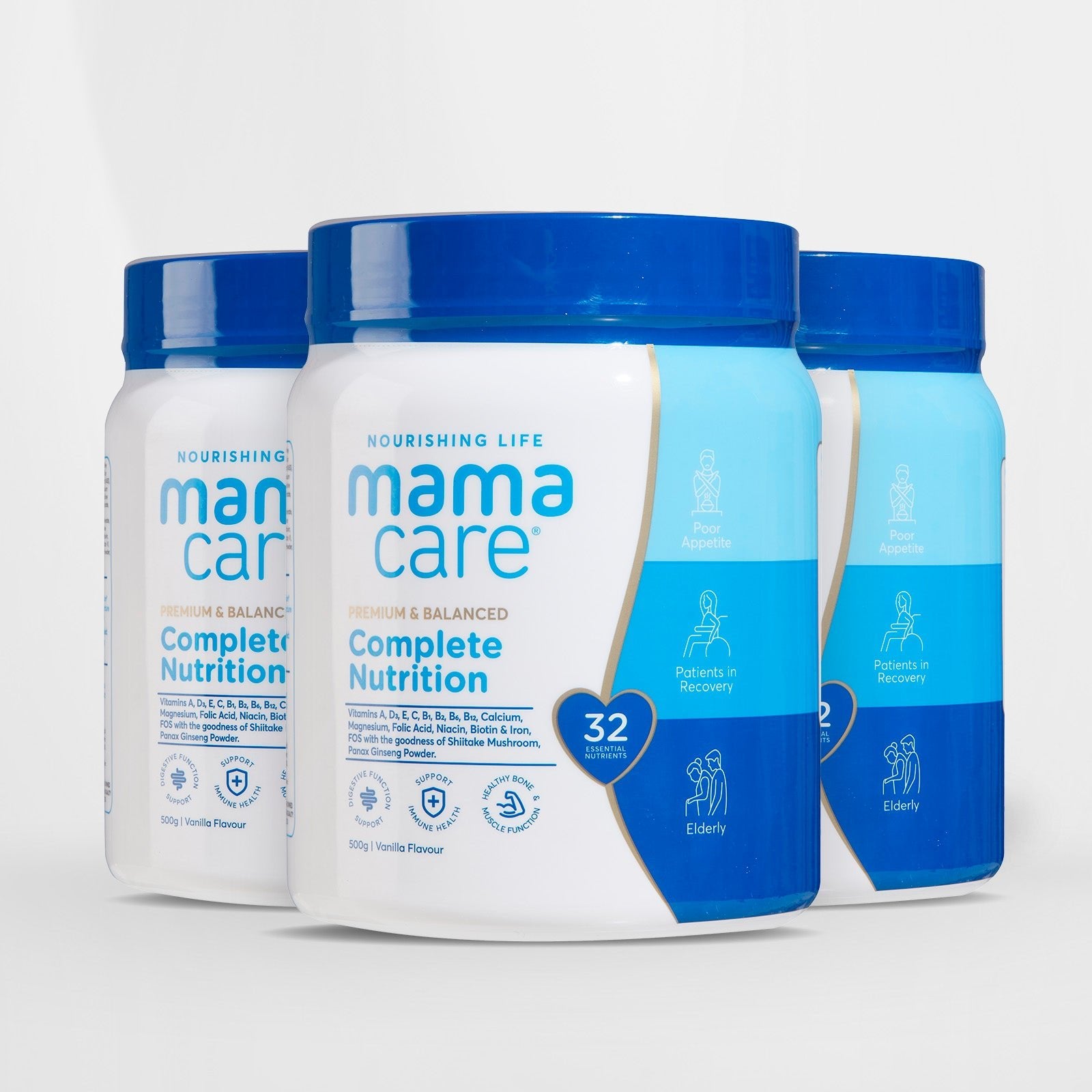 Mamacare elderly nutrition formula, low-calorie, immune and bone support, 3 x 500g jars