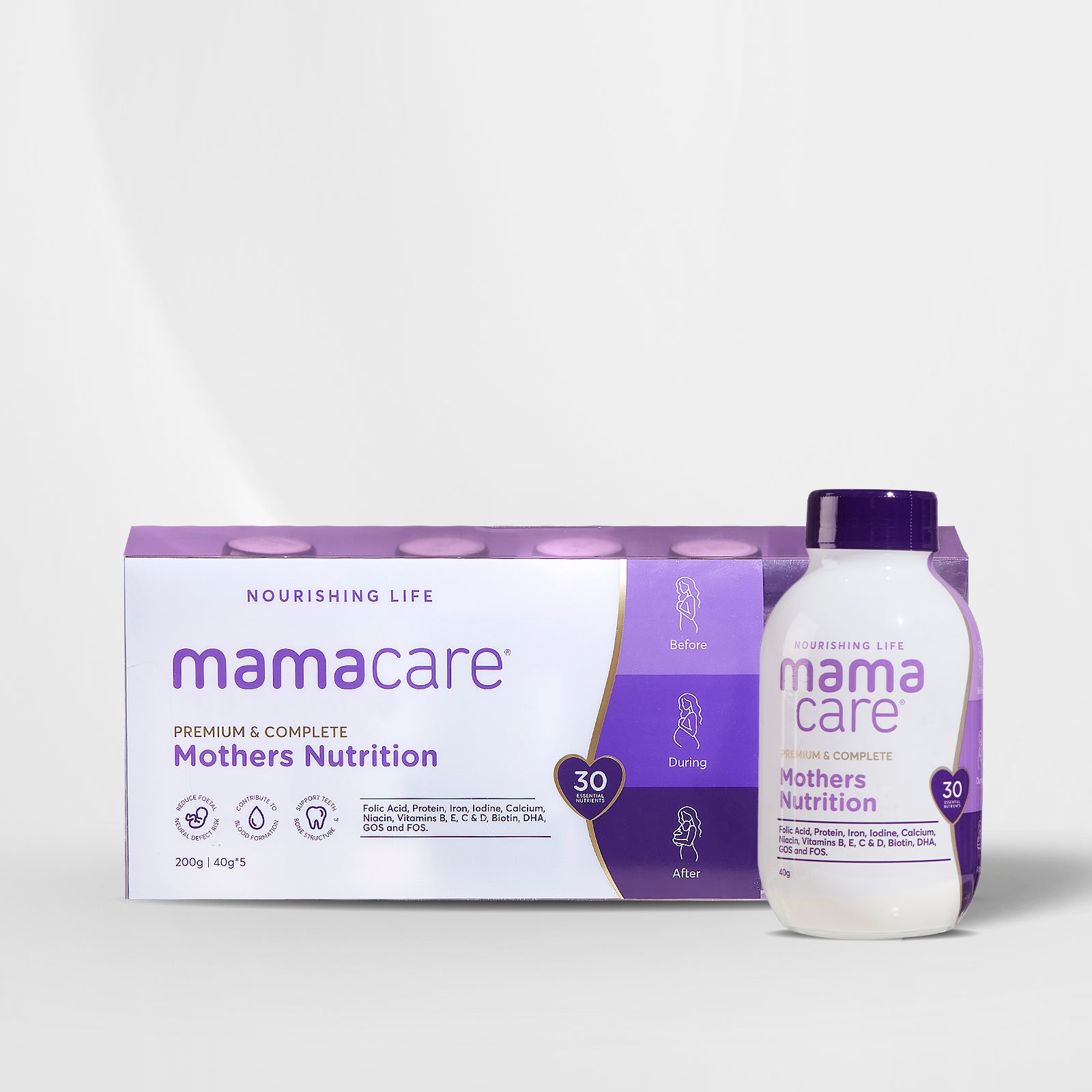 Mamacare maternal nutrition powder — 40g bottle with calcium, iron, DHA, and prebiotic fibers