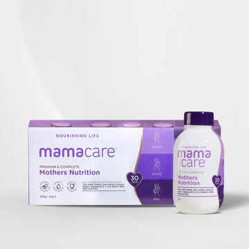 Mamacare maternal nutrition powder — 40g bottle with calcium, iron, DHA, and prebiotic fibers